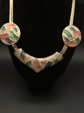 Vintage Gold Tone Colorful Enameled Bib Necklace & Matching Clip-on Earrings